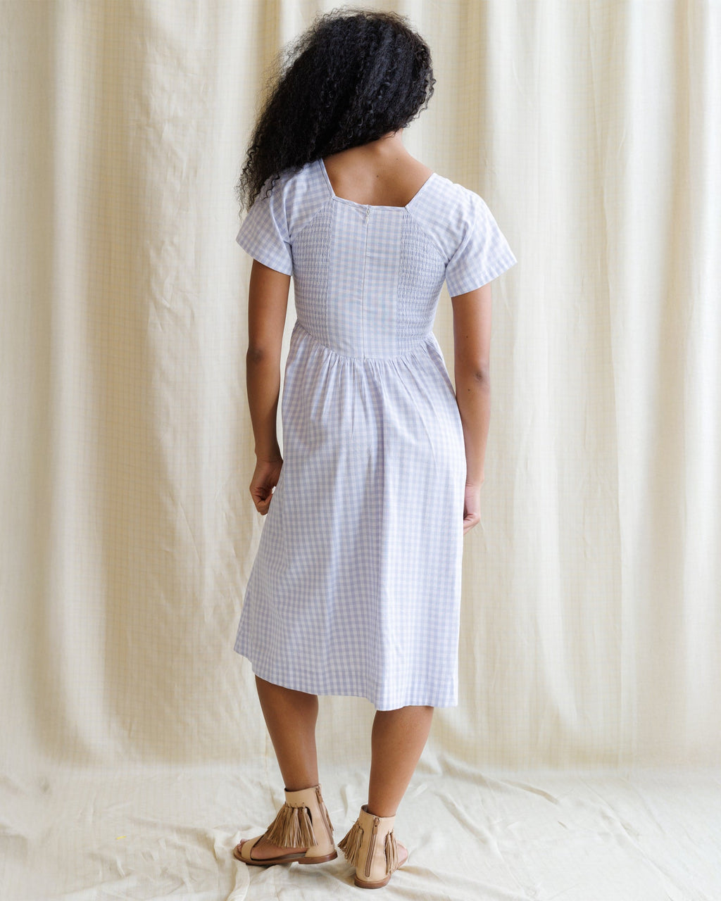 Lavender Gingham Midi Dress with Flutter Sleeves and Square Neck