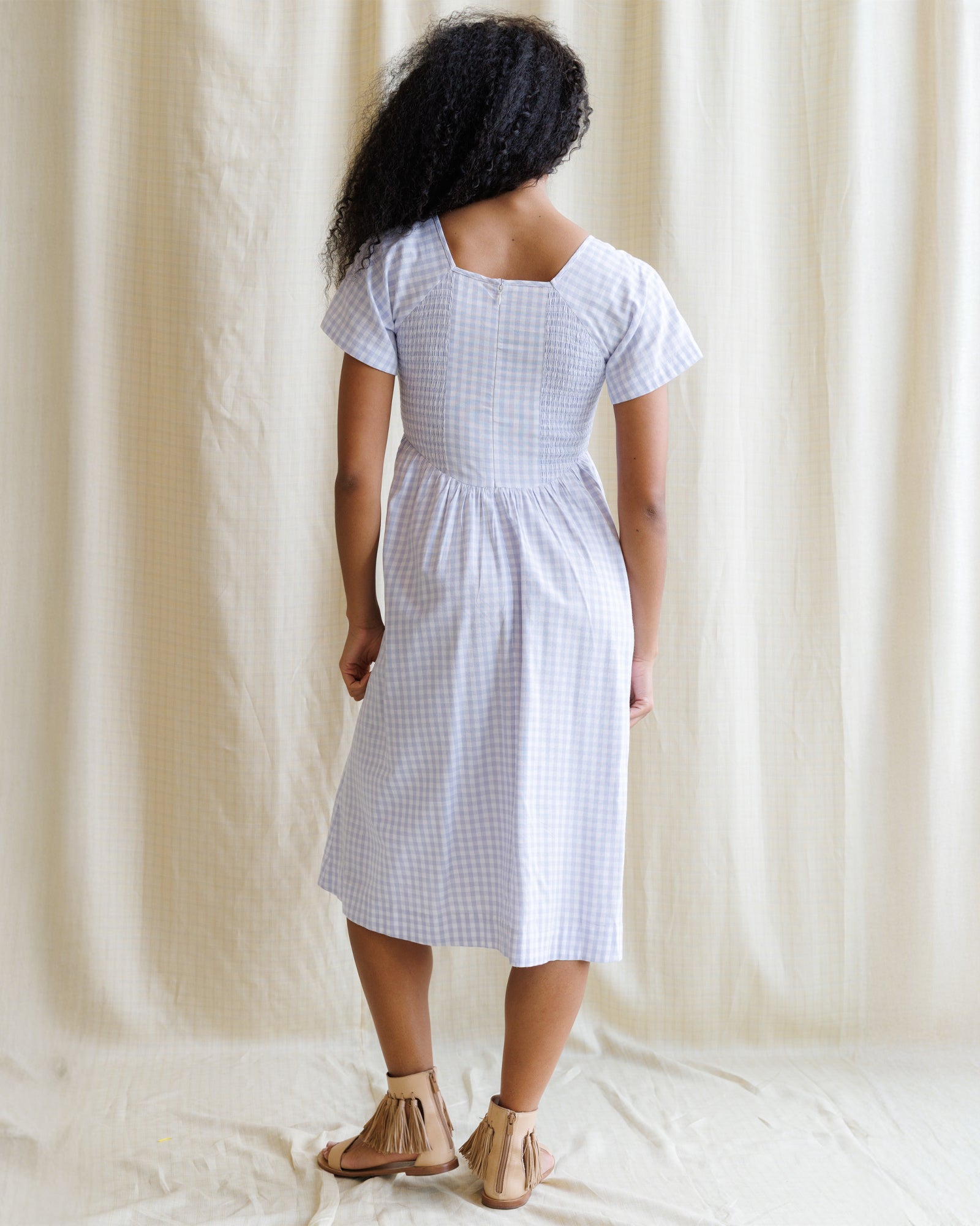 Lavender Gingham Midi Dress with Flutter Sleeves and Square Neck