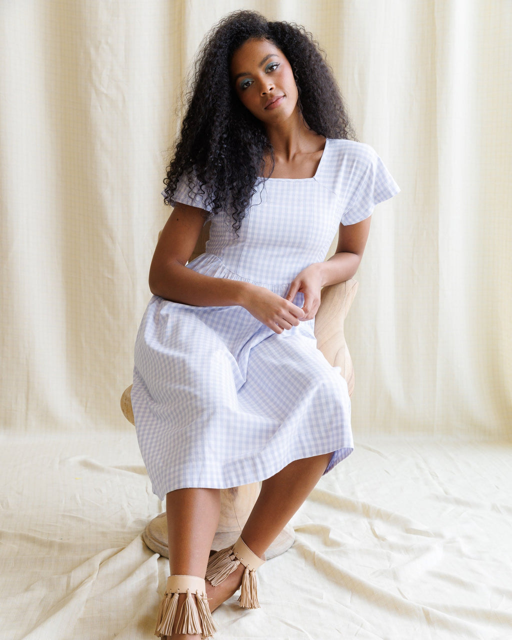 Lavender Gingham Midi Dress with Flutter Sleeves and Square Neck