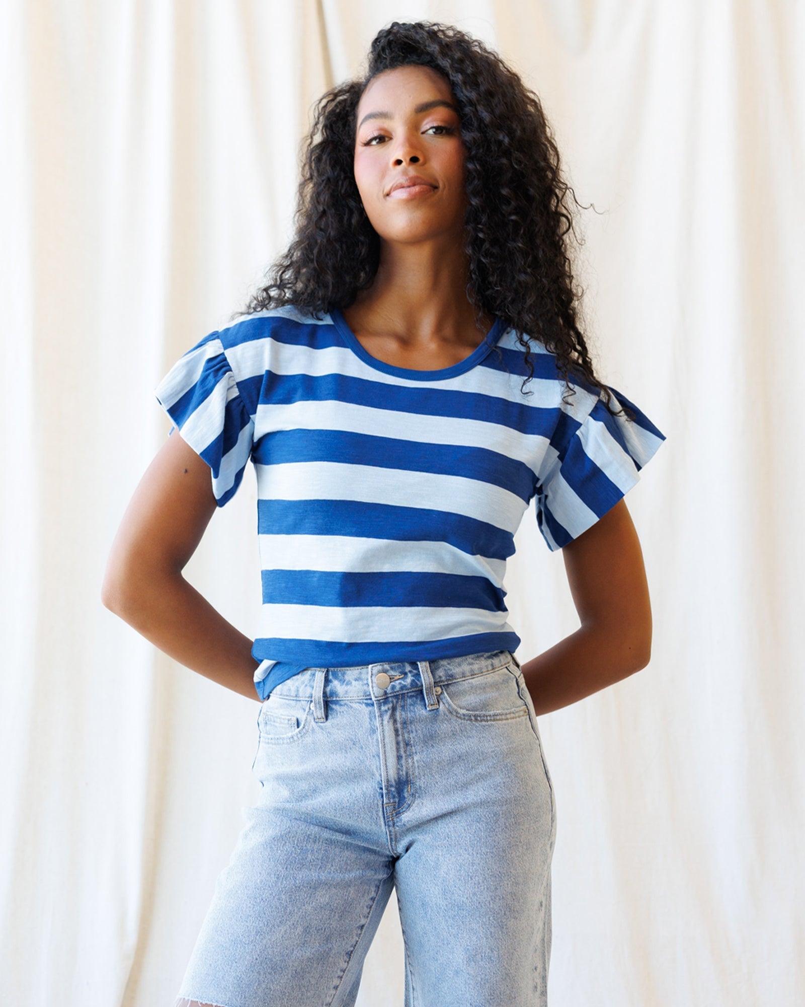 Charisma Cotton Striped Tee with Flutter Sleeves