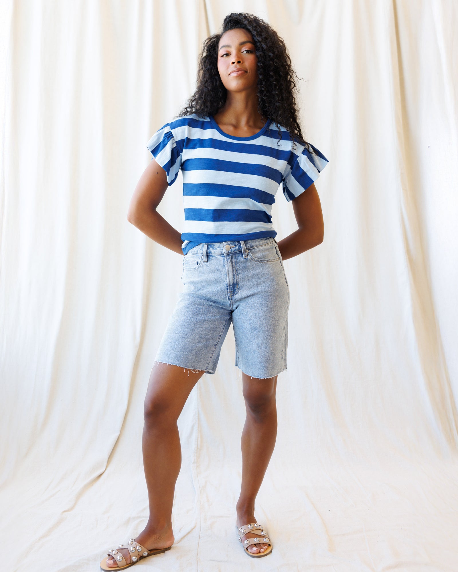 Charisma Cotton Striped Tee with Flutter Sleeves