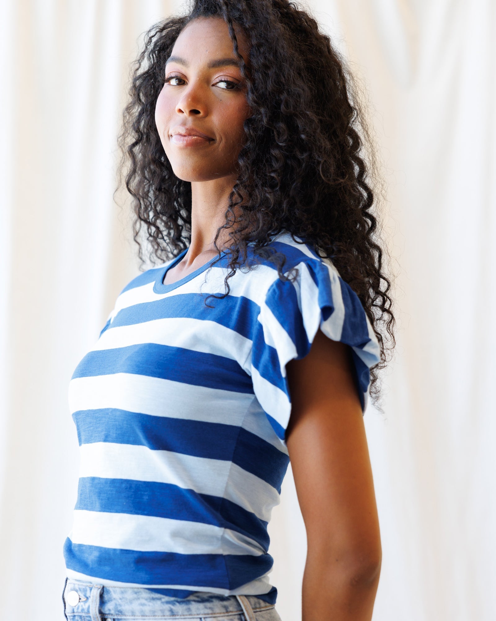 Charisma Cotton Striped Tee with Flutter Sleeves