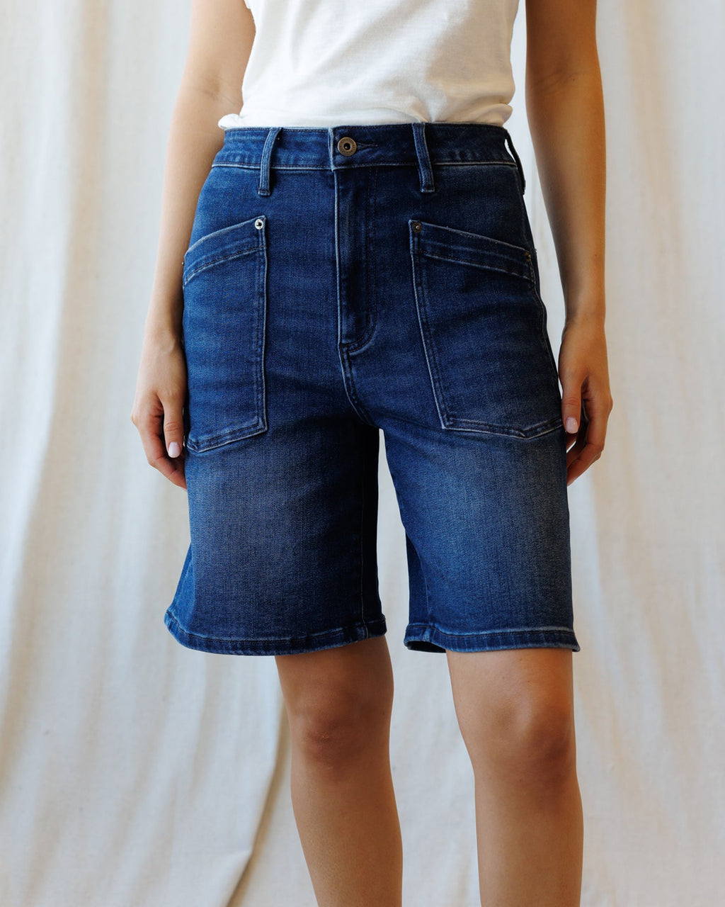 Cabana High-Waisted Stretch Denim Shorts in Medium Blue