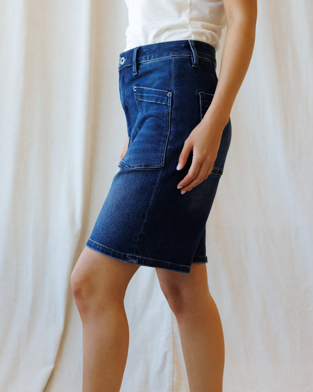 Cabana High-Waisted Stretch Denim Shorts in Medium Blue