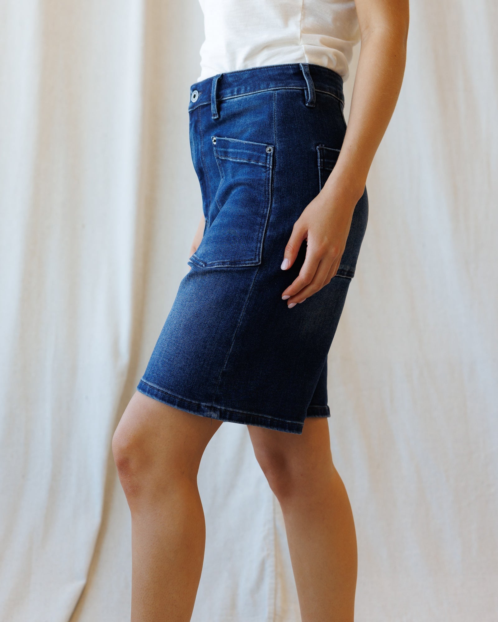 Cabana High-Waisted Stretch Denim Shorts in Medium Blue