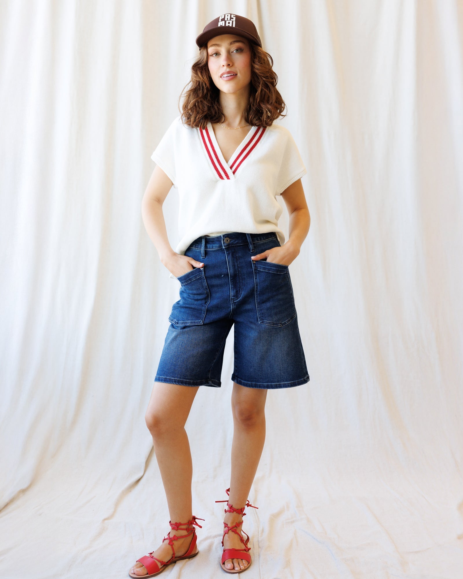 Atlantic Vest: Preppy Varsity V-Neck Sleeveless Knit in White/Red