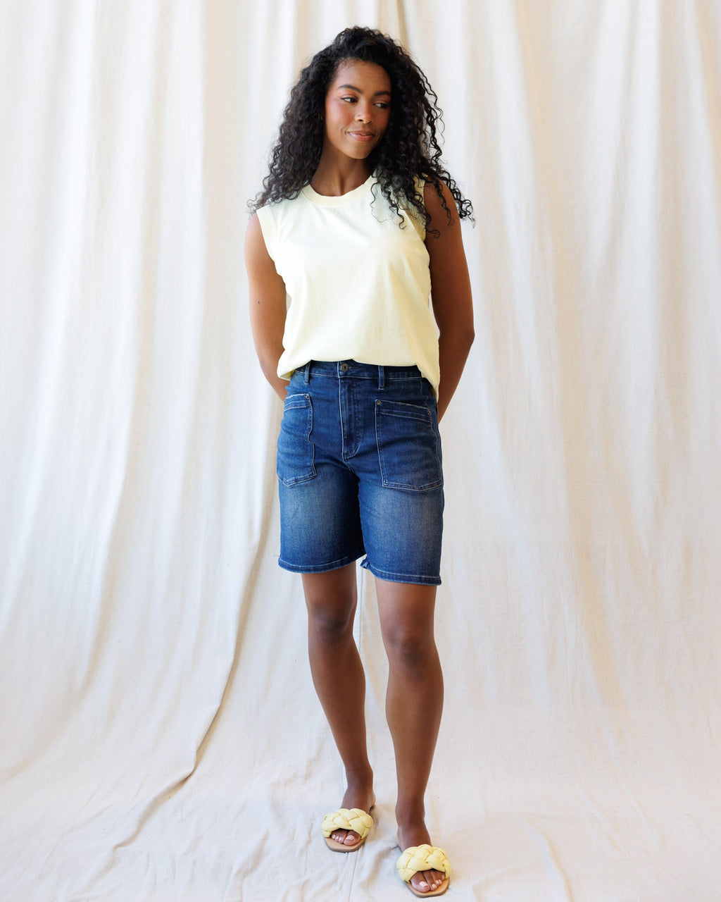 Cabana High-Waisted Stretch Denim Shorts in Medium Blue