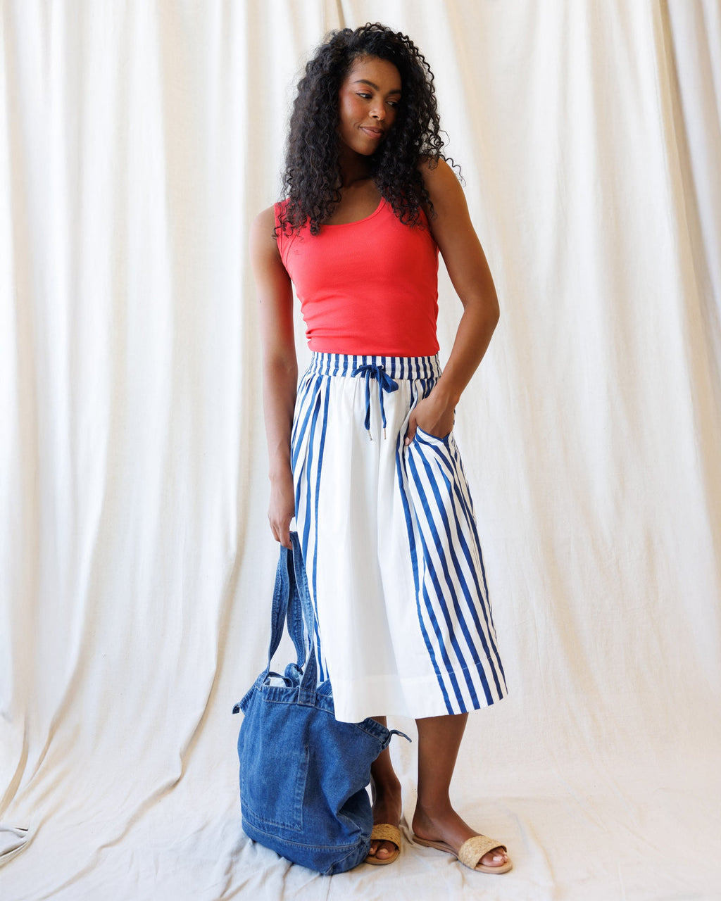 Sail Away Striped A-Line Midi Skirt in White and Blue