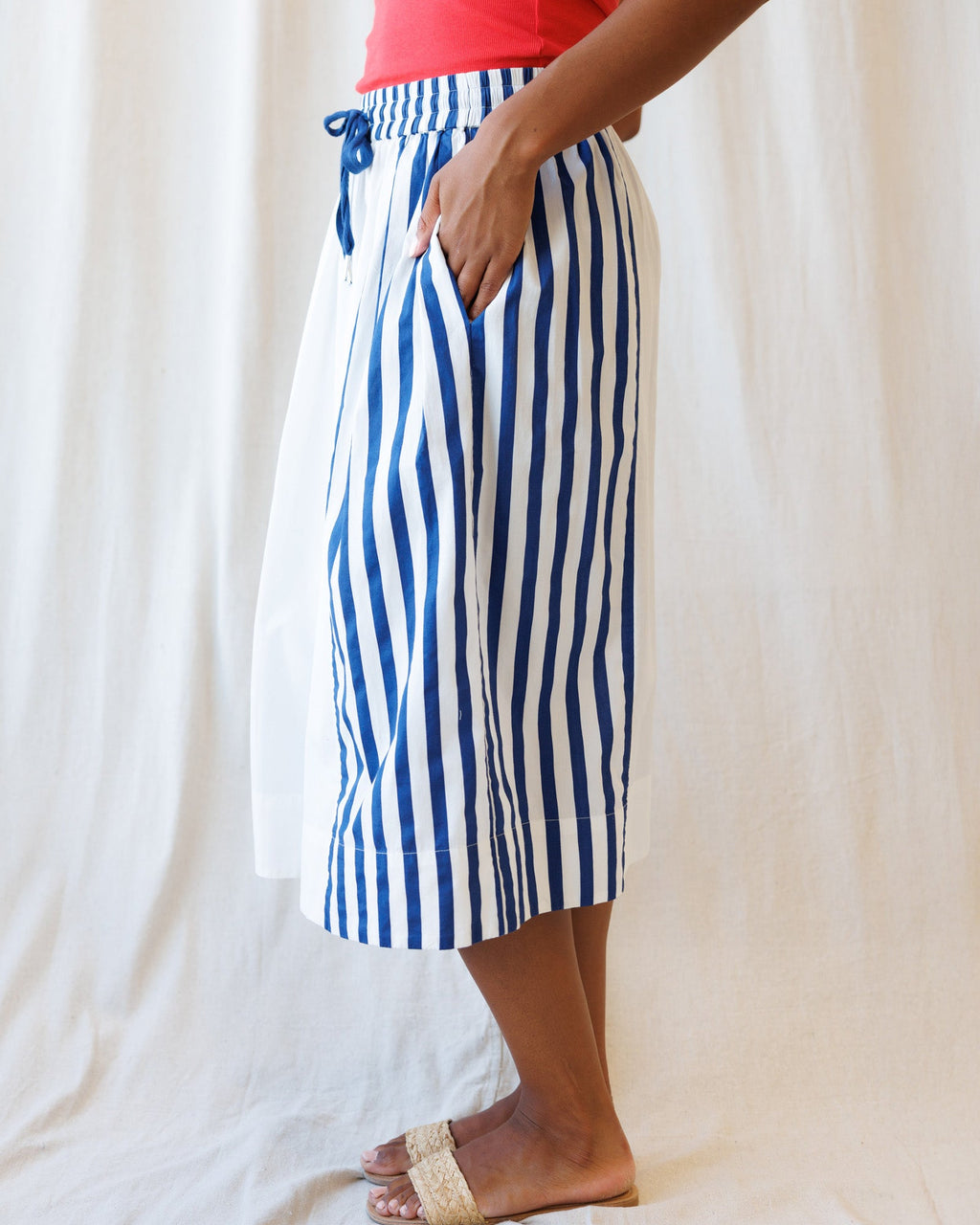 Sail Away Striped A-Line Midi Skirt in White and Blue