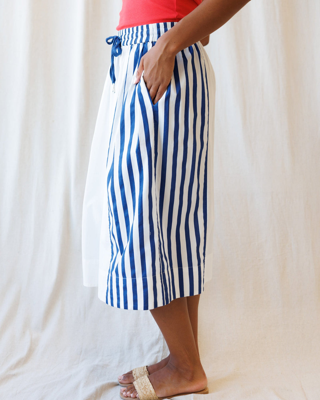 Sail Away Striped A-Line Midi Skirt in White and Blue