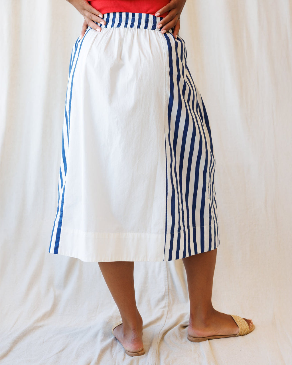 Sail Away Striped A-Line Midi Skirt in White and Blue