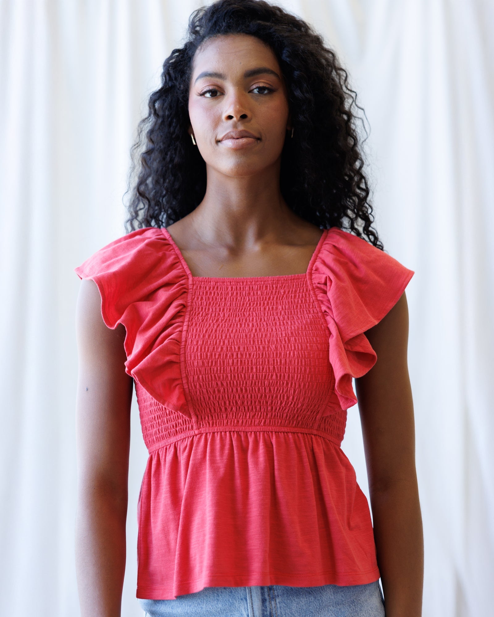 Sol Mate Top: Women's Red Peplum Smocked Square Neck Boho Blouse