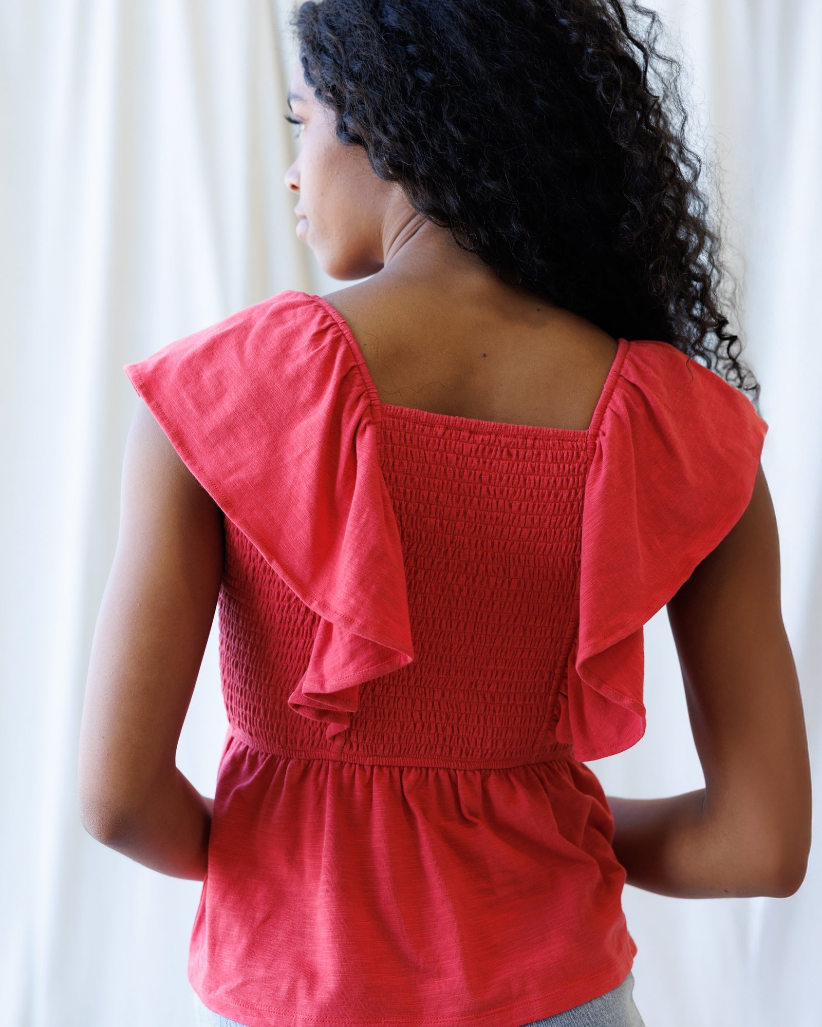 Sol Mate Top: Women's Red Peplum Smocked Square Neck Boho Blouse