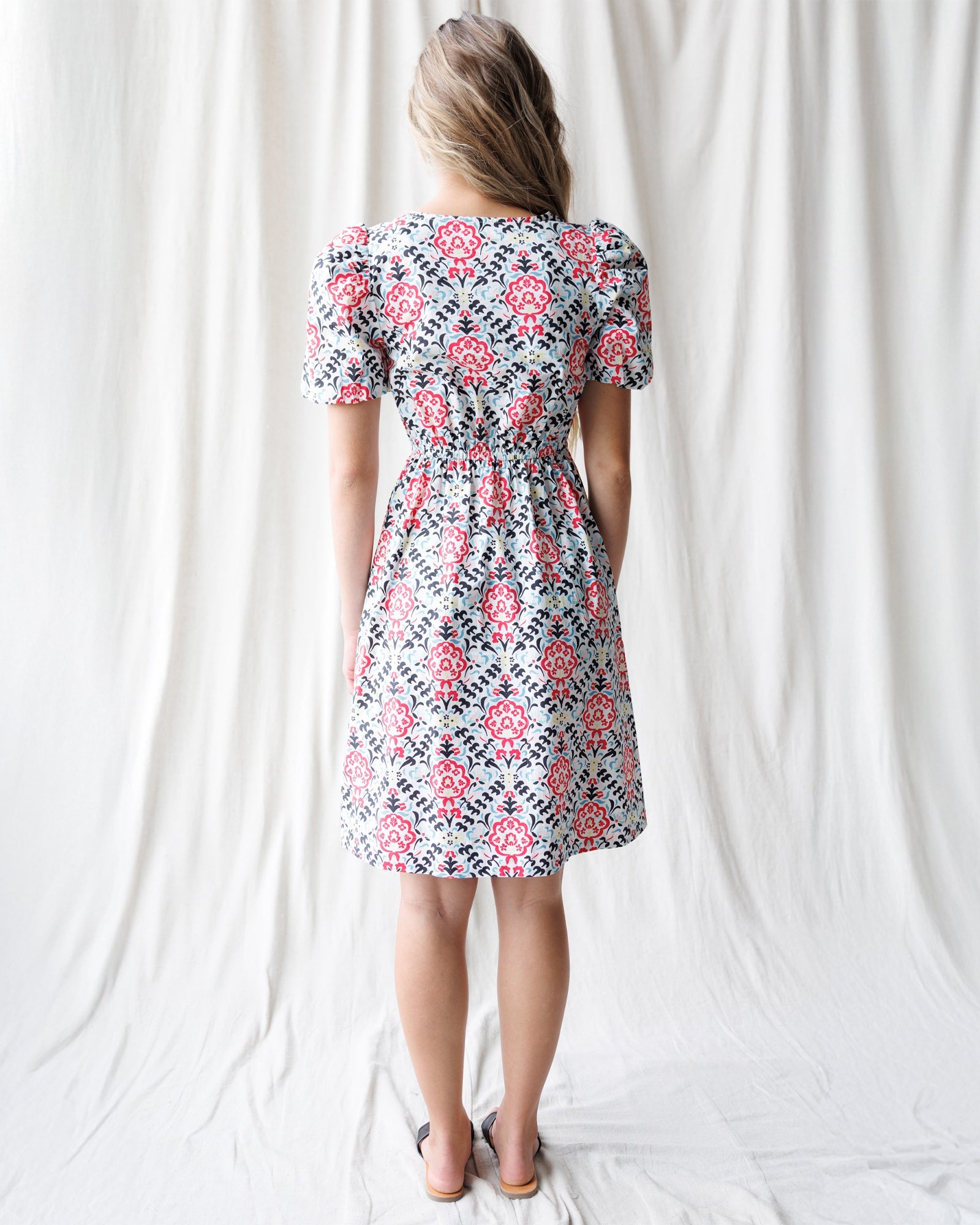 Capri A-Line Button-Down Cotton Dress with Puff Sleeves