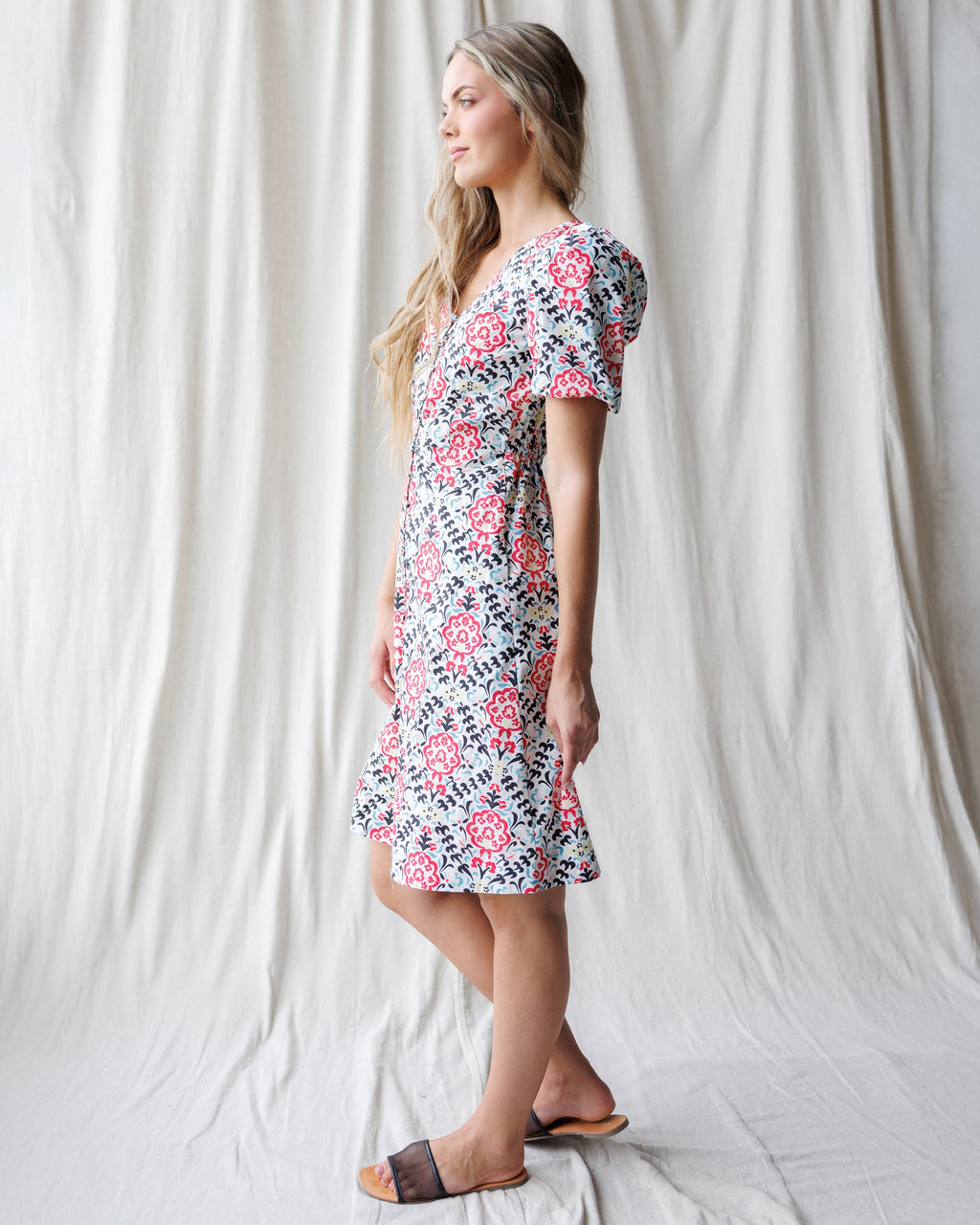 Capri A-Line Button-Down Cotton Dress with Puff Sleeves