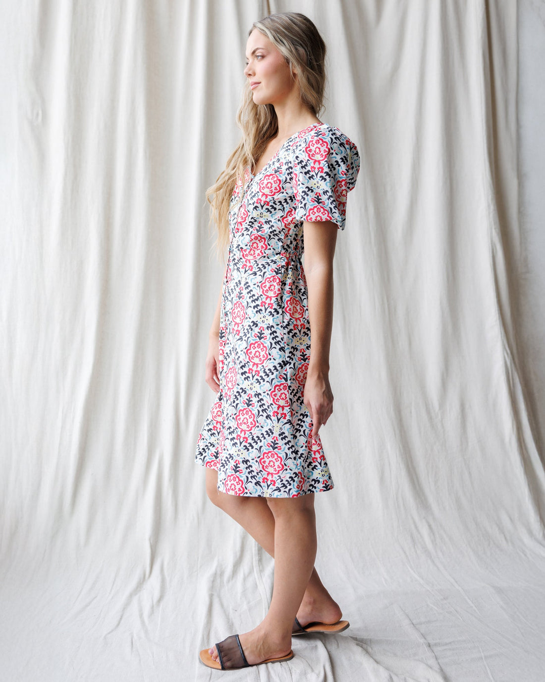 Capri A-Line Button-Down Cotton Dress with Puff Sleeves