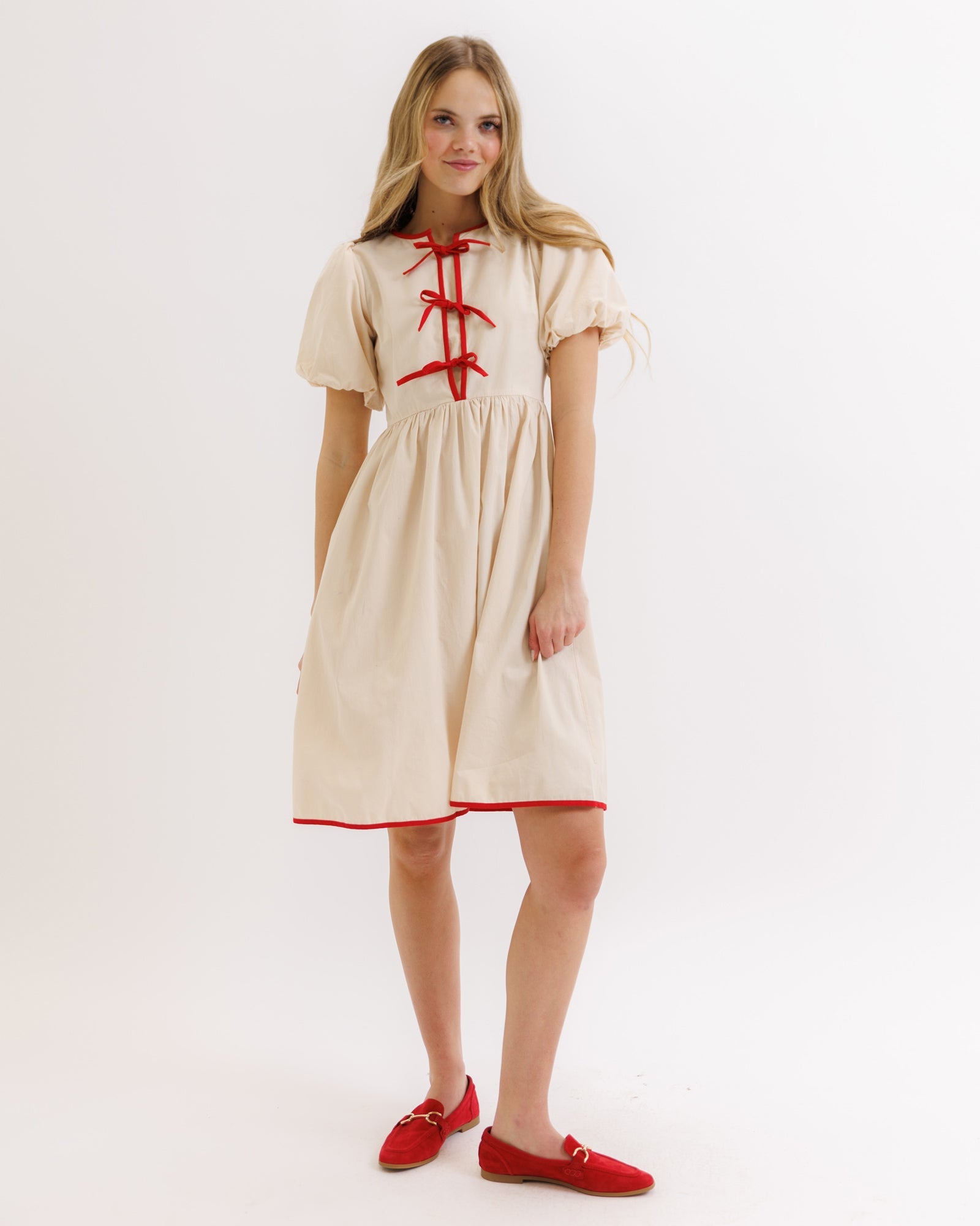 Bestie Cotton Knee-Length Dress with Puff Sleeves and Red Ties - Image 2