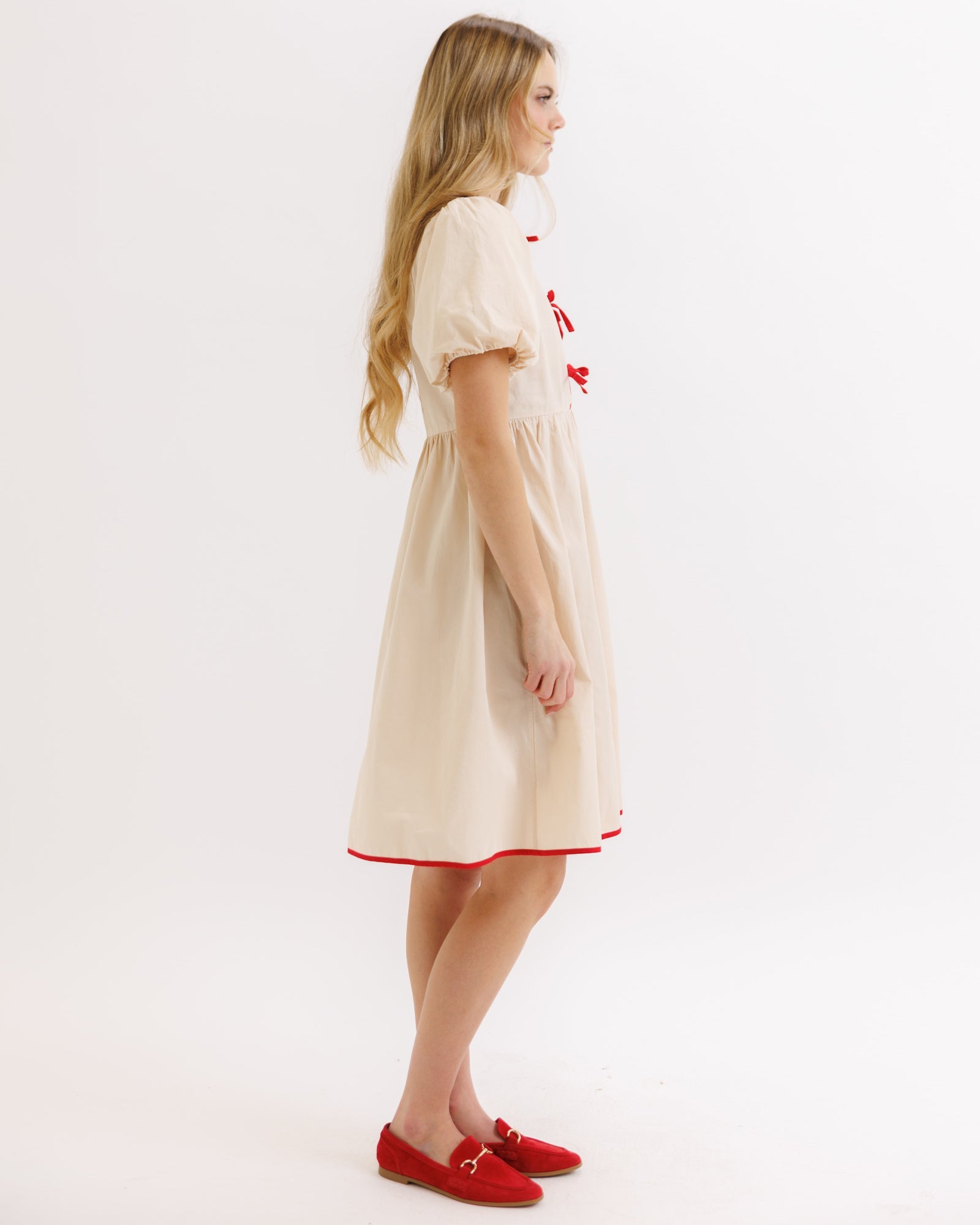 Bestie Cotton Knee-Length Dress with Puff Sleeves and Red Ties - Image 3