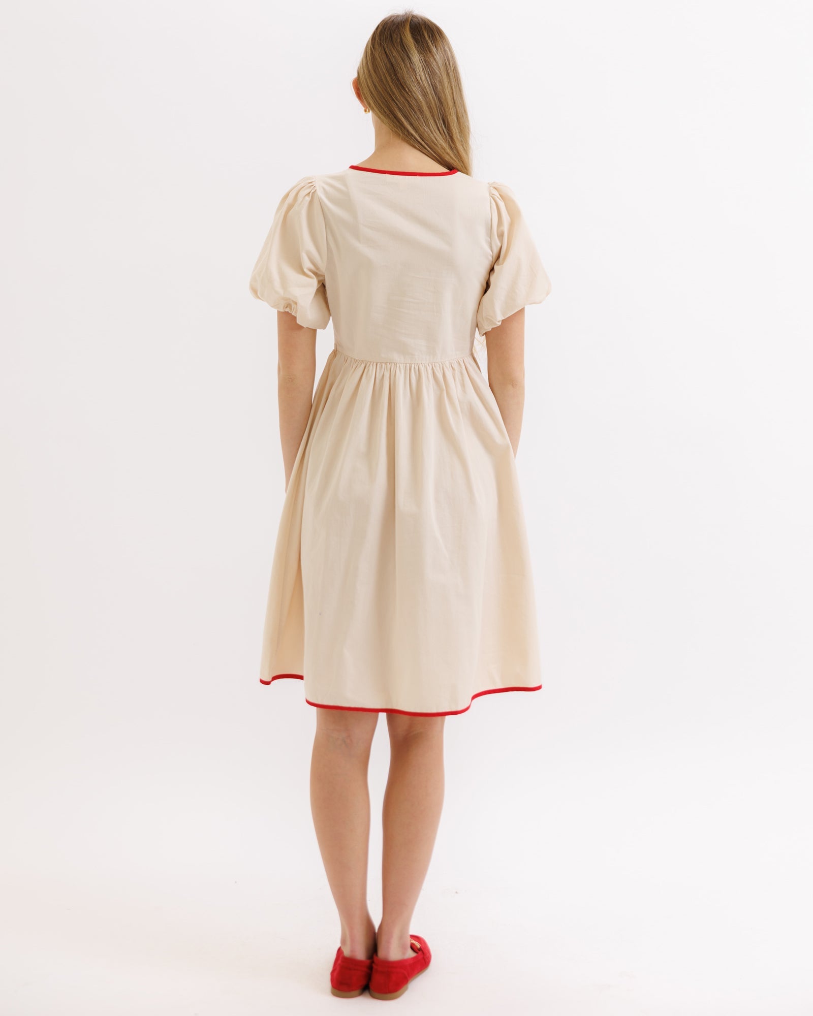 Bestie Cotton Knee-Length Dress with Puff Sleeves and Red Ties - Image 4