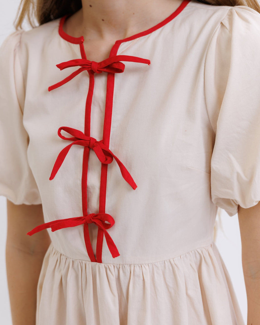 Bestie Cotton Knee-Length Dress with Puff Sleeves and Red Ties - Image 5