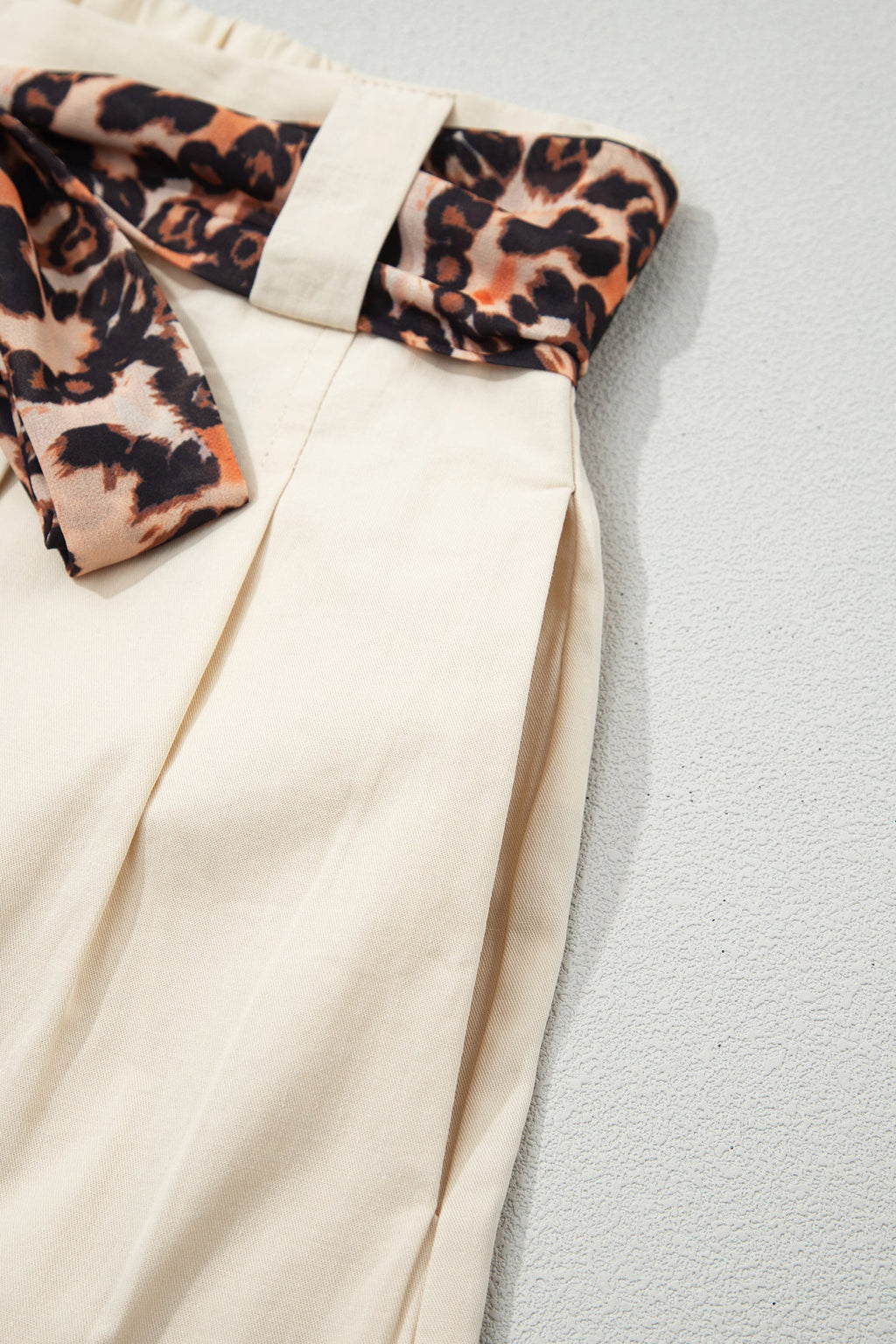 Ariel Pleated Wide Leg Shorts in Beige with Leopard Sash Belt