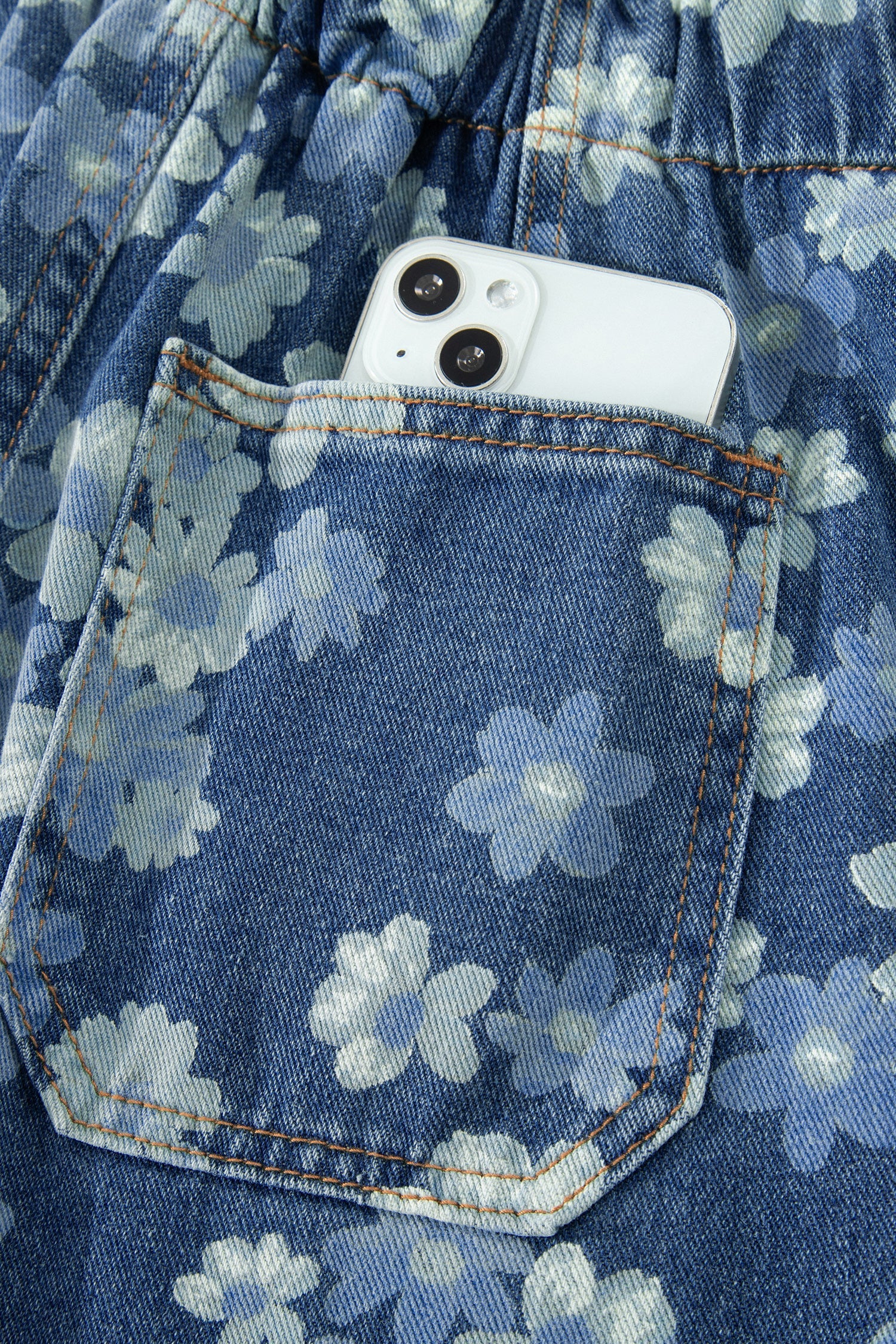 Sky Blue Dainty Floral Print Barrel Leg Drawstring Jeans