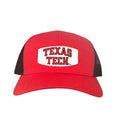Texas Tech Red Raiders snapback hat featuring a rectangle team patch and black mesh back.