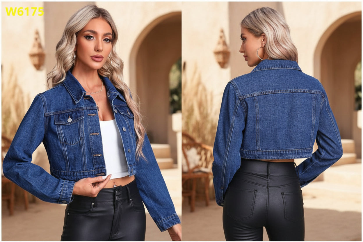 Women's relaxed fit mid-wash blue denim jacket with flip collar and button closure