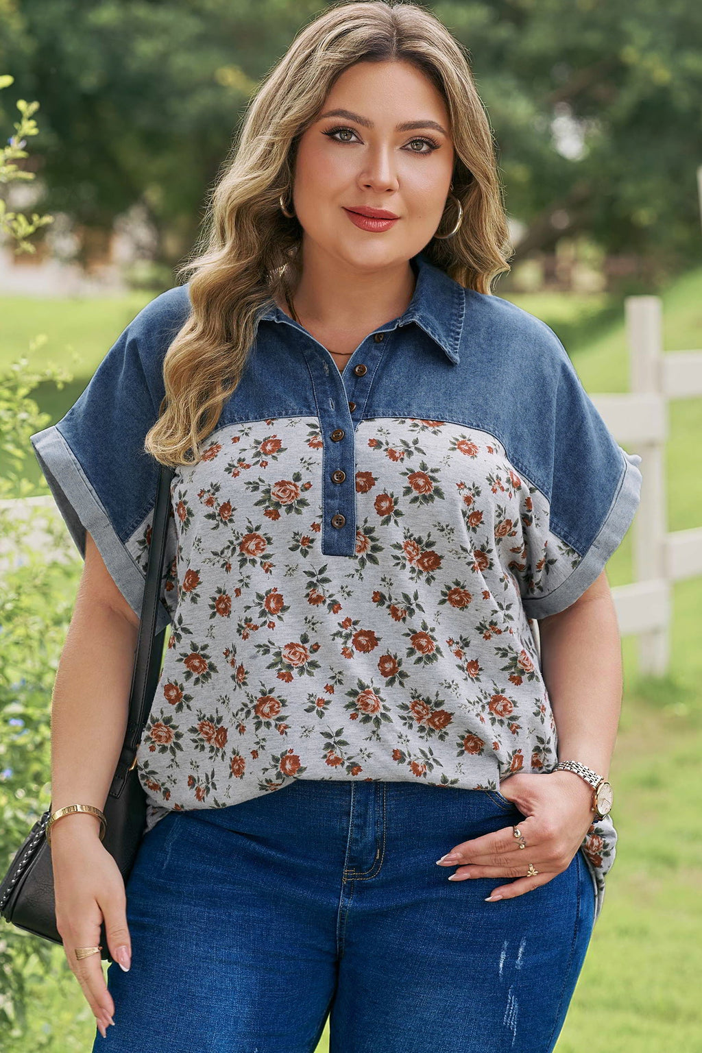 Women's Karla Patchwork Polo Tee in blue and grey floral denim print
