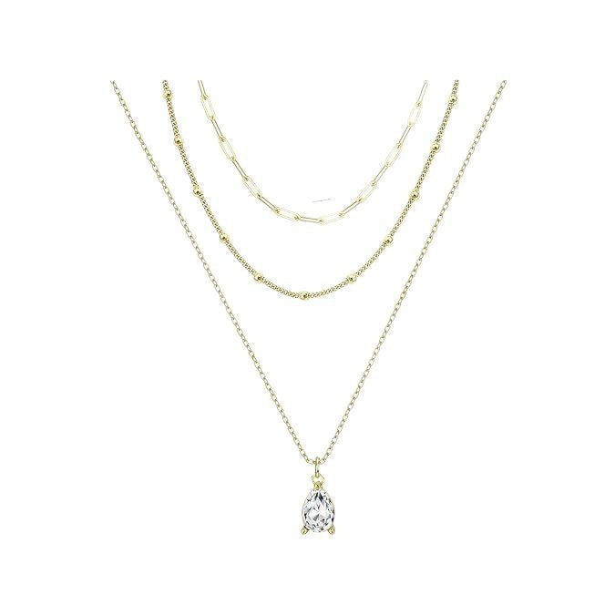 Cross-Border European And American Popular Style Minimalist Color-Preserving Three-Layer Imitation Pearl Teardrop-Shaped Crystal Pendant Layered Necklace Clavicle Chain