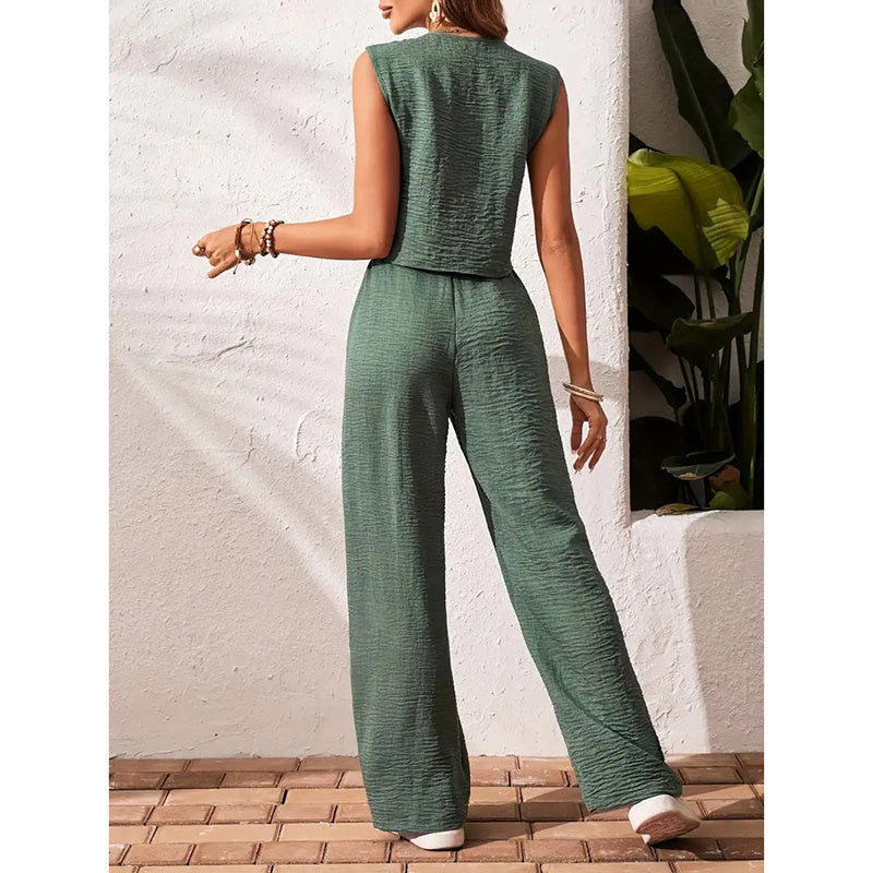 Women’s V-Neck Crop Vest and Wide-Leg Pants Matching Set