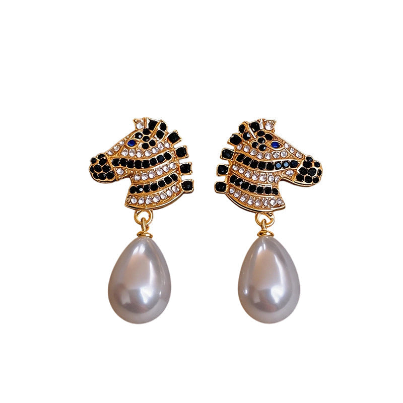 Womens Zebra Shaped Rhinestone And Pearl Inlaid Pendant Stud Earrings,Costume Earrings For Daily Party Wear