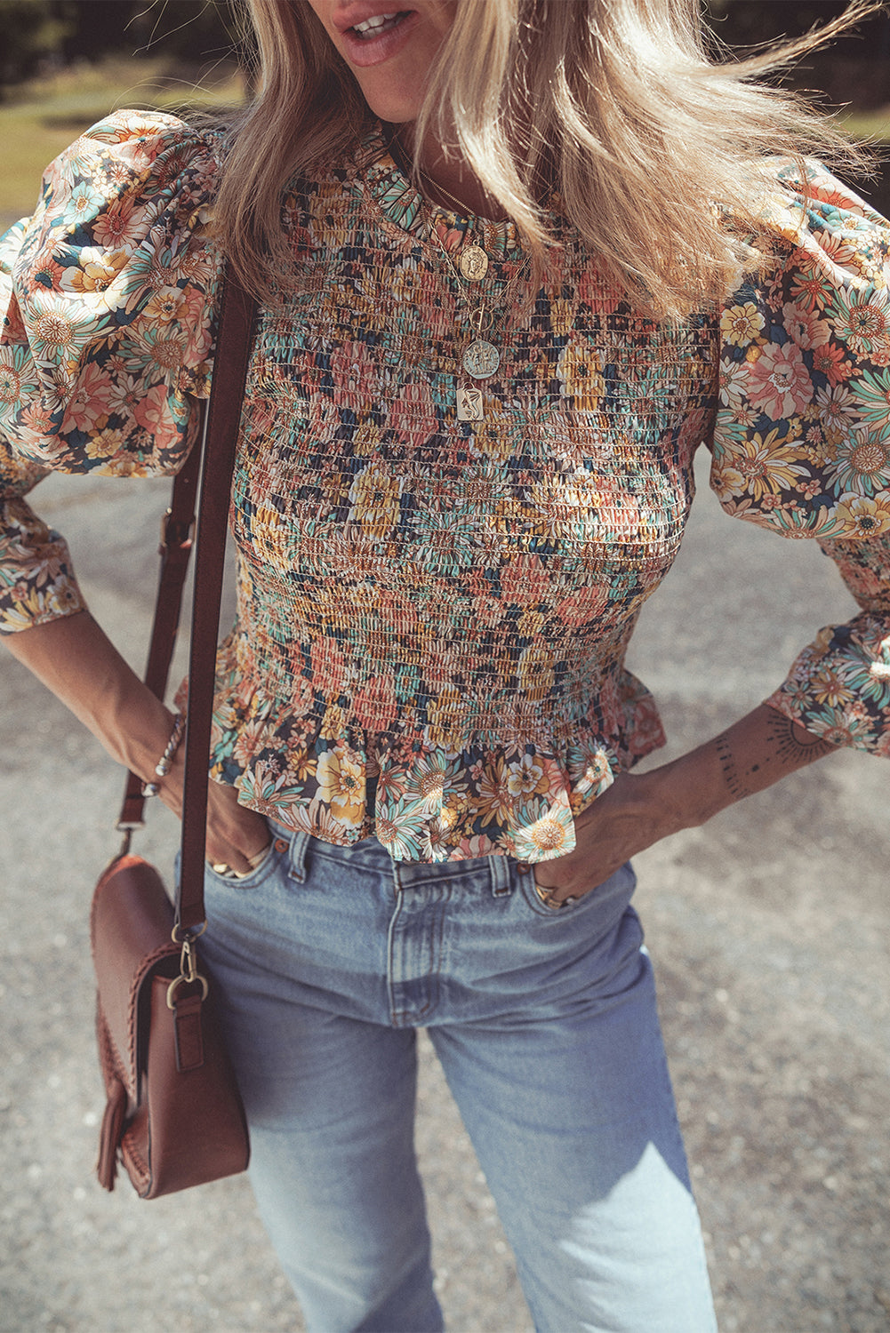 Yellow Floral Print Smocked Bubble Sleeve Crop Top