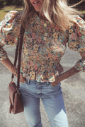 Yellow Floral Print Smocked Bubble Sleeve Crop Top