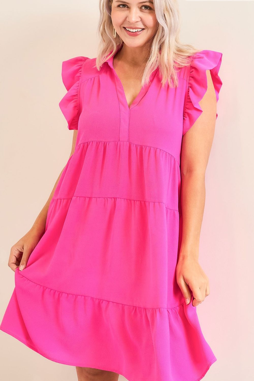 Elegant Ruffle Cap Sleeve Dress with Collared Neckline