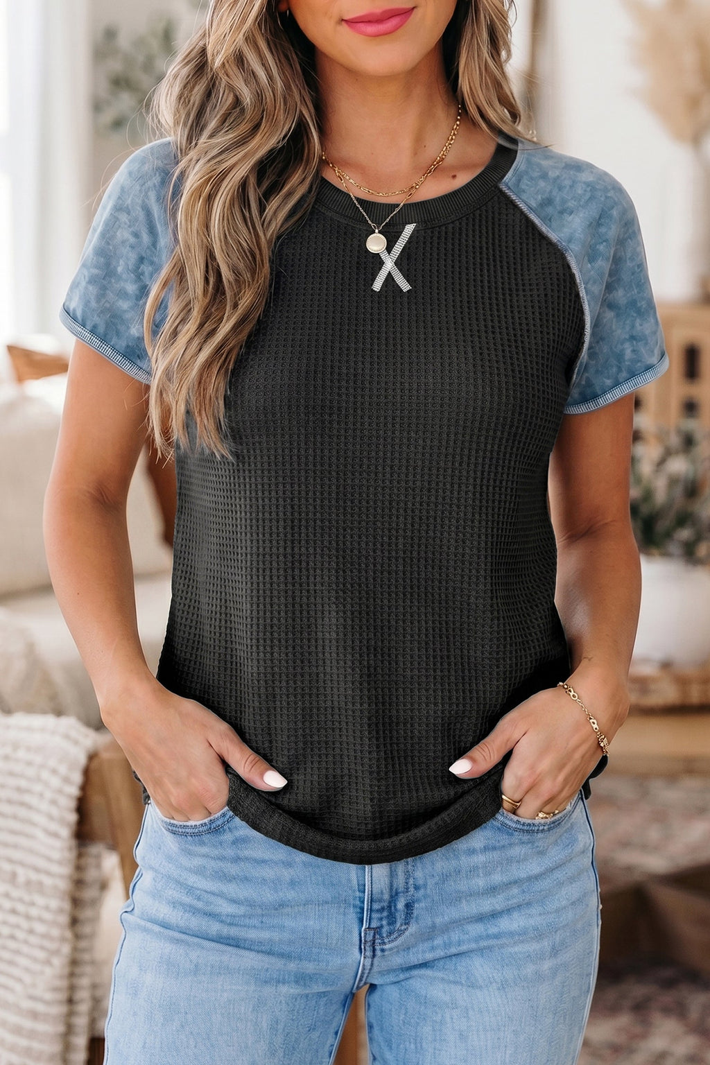 Brynleigh waffle knit color block top with contrast sleeves in black and blue