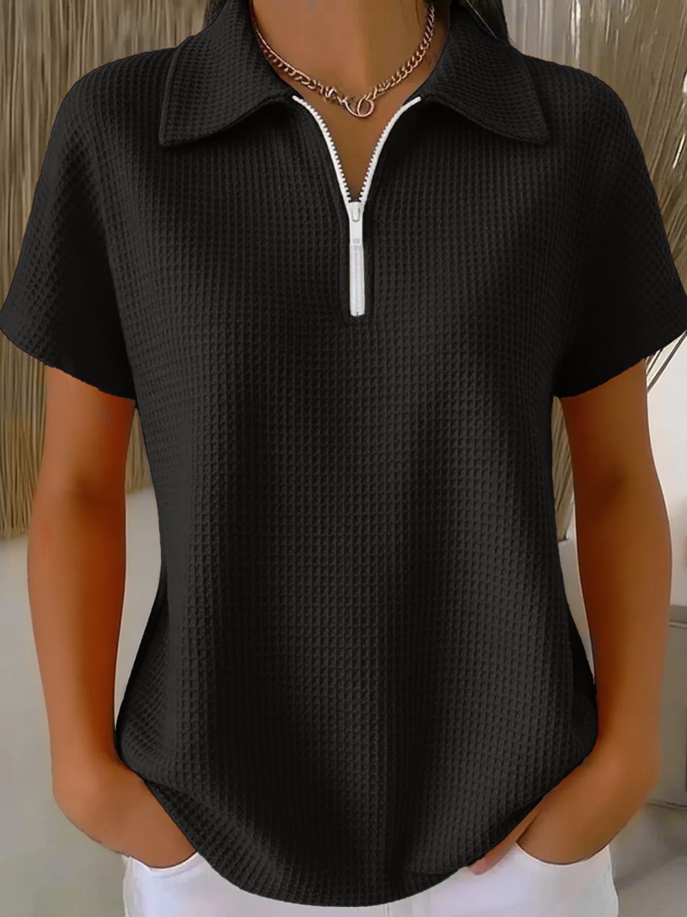 Drop Shoulder Half-Zip Waffle Knit Top with 3/4 Sleeves