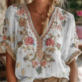 Women's Embroidered Floral V-Neck Short Sleeve Bohemian Top - Image 2