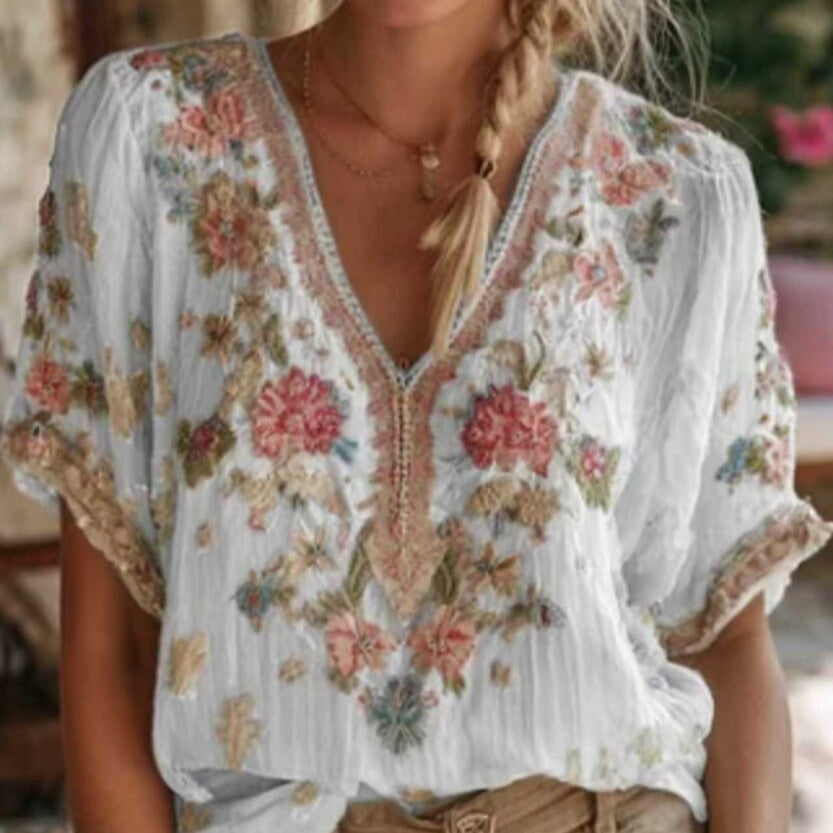 Women's Embroidered Floral V-Neck Short Sleeve Bohemian Top - Image 2