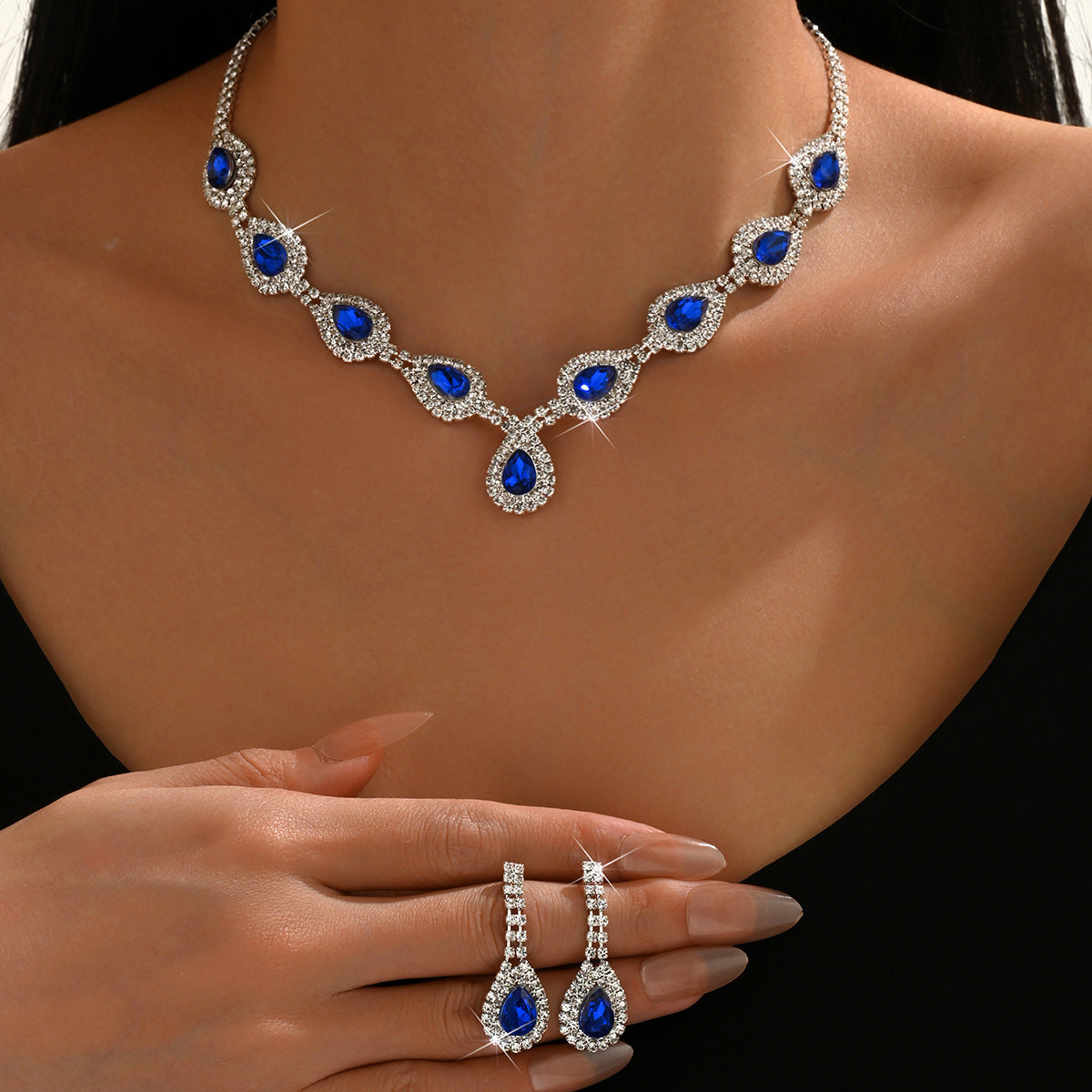 Palace Style Clear Rhinestone Jewelry Water Drop Crystal Set Necklace Earrings Fashionable Versatile Bridal Wedding Jewelry