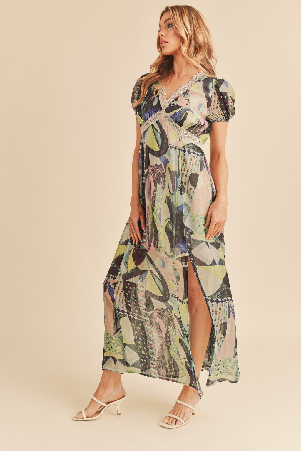 Geometric Print Chiffon Maxi Dress with Lace Slit Detail