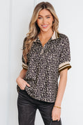Khaki Leopard Print Half Zip Striped Trim Patchwork Short Sleeve Top