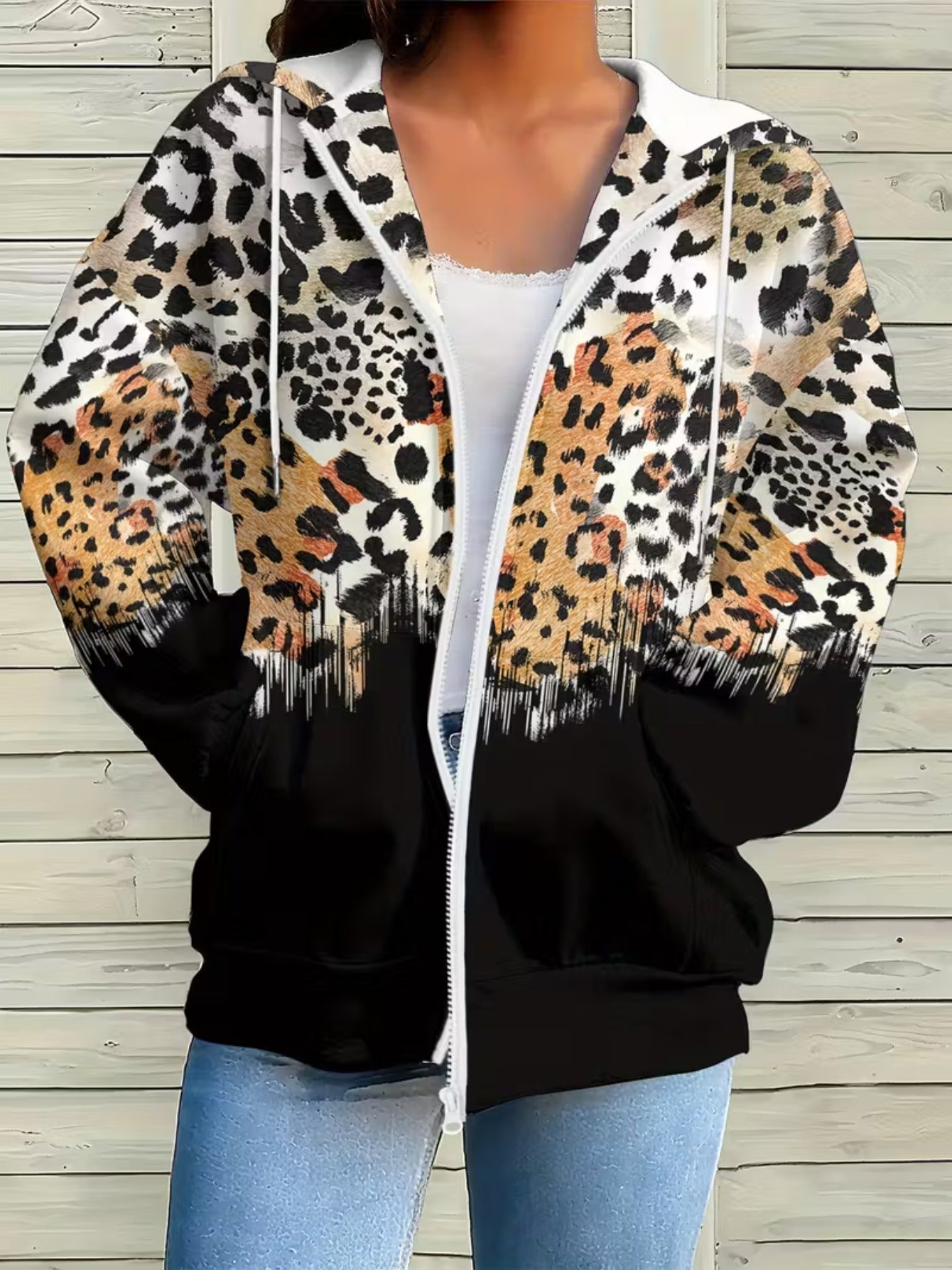 Plus Size Women's Full-Body 3D Gradient Leopard Print Zip-Up Hooded Jacket