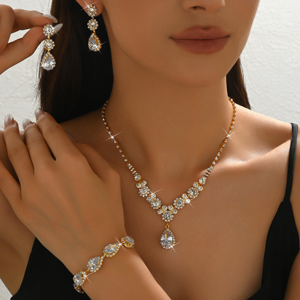 Women 3 Pcs Gold Tone Rhinestone Jewelry Set,Necklace Dangle Earrings Bracelet,Luxurious Bridal Costume Accessories For Wedding Banquet Party Occasion