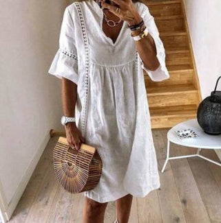 Women's Linen V-Neck A-Line Mini Dress with Flared Sleeves