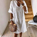 Women's Linen V-Neck A-Line Mini Dress with Flared Sleeves
