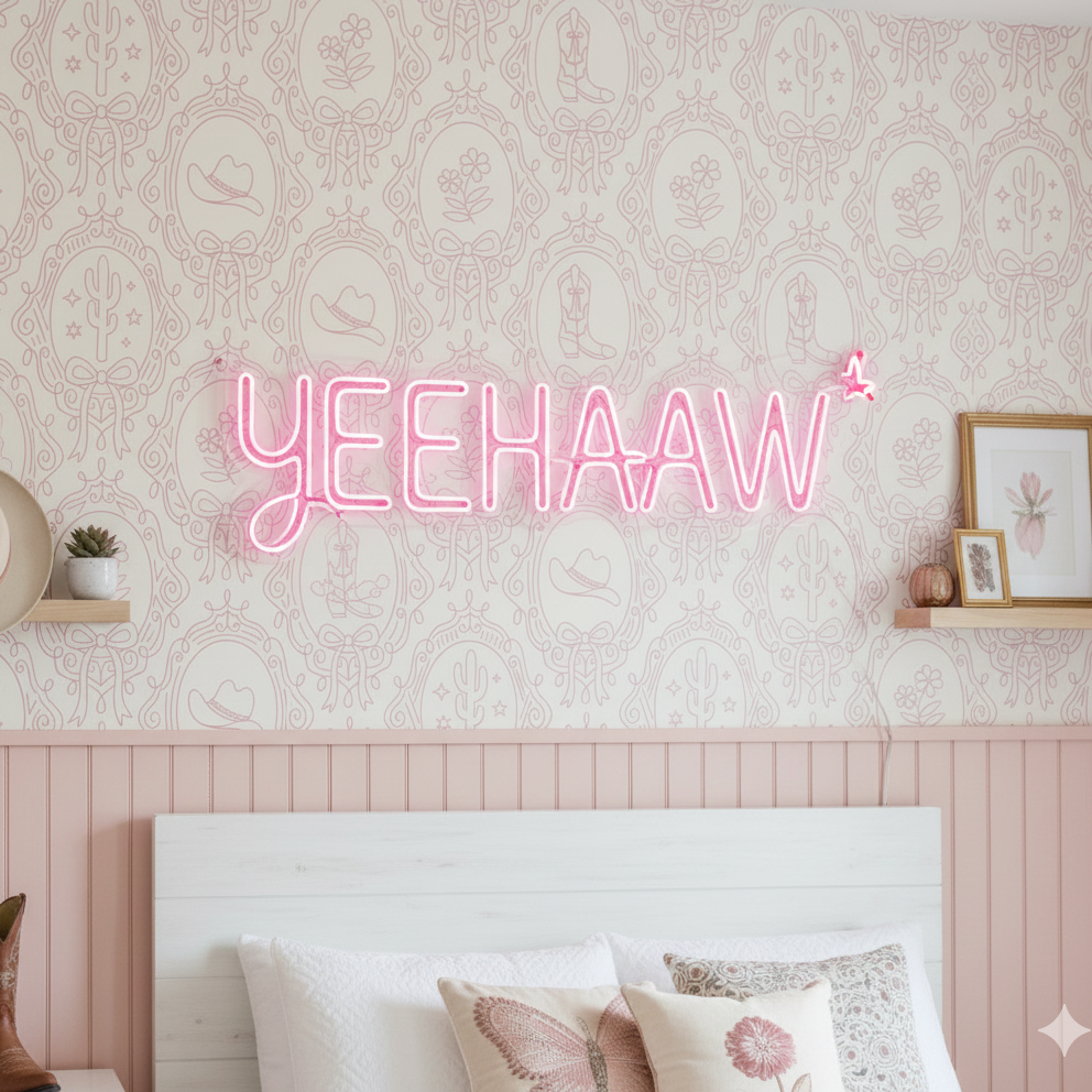 Laramie wallpaper featuring a bohemian western-whimsy pattern in pink, blue, and sage-green