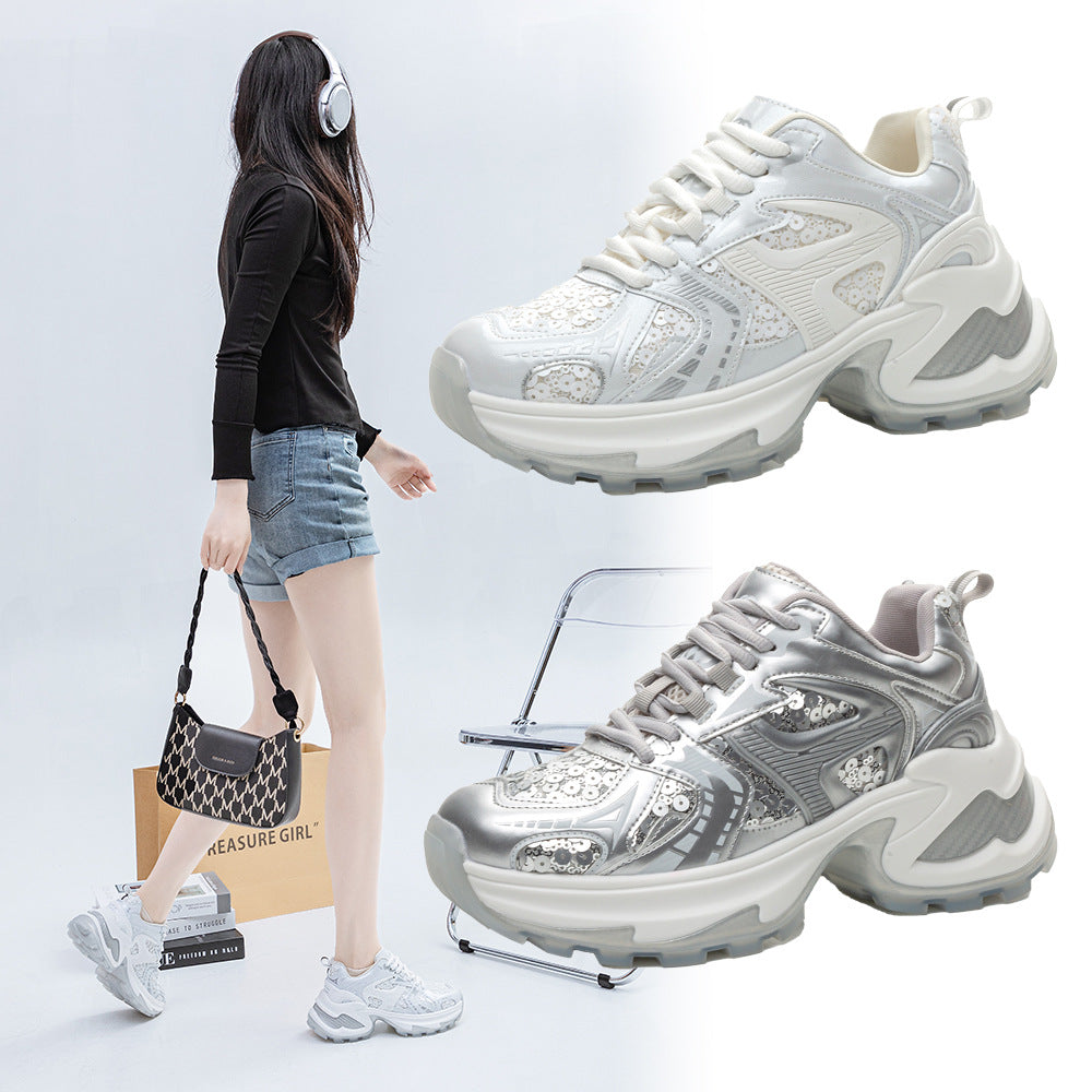 White Silver Sequined Platform Lace-Up Chunky Sneakers - Image 5