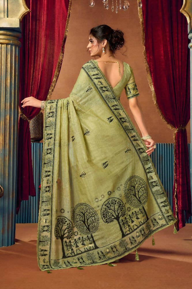 Green Modal Saree with Zari Woven Border and Blouse Piece