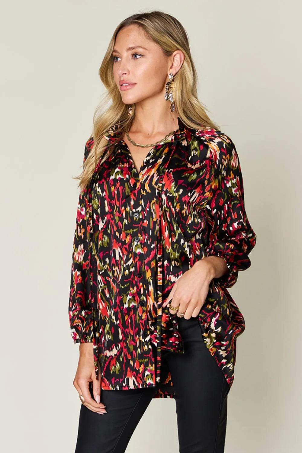 Printed Button Up Long Sleeve Shirt | Satin Bohemian Blouse